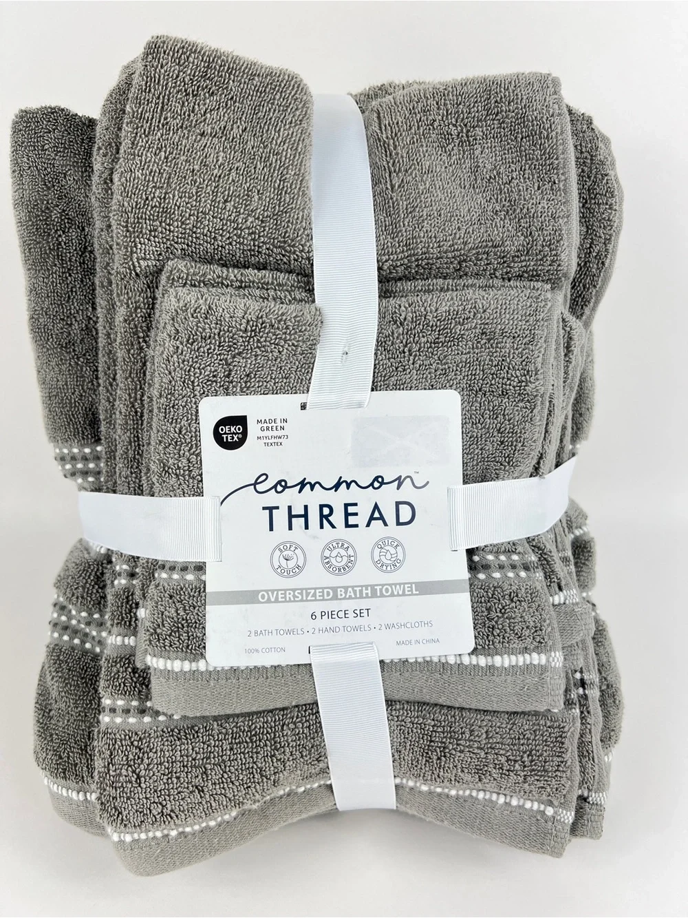 Common Thread Bath Towel Set Taupe White Quick Dry Low Twist Cotton 6 Pc NEW